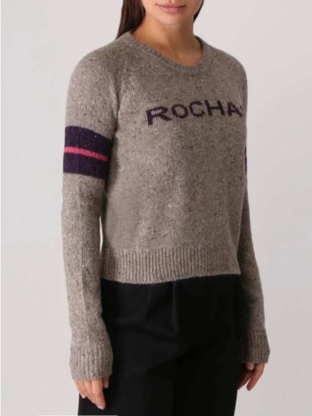 Rochas Gray Wool Logo Striped Sleeve Crew Neck Sweater, Size 4 | 40